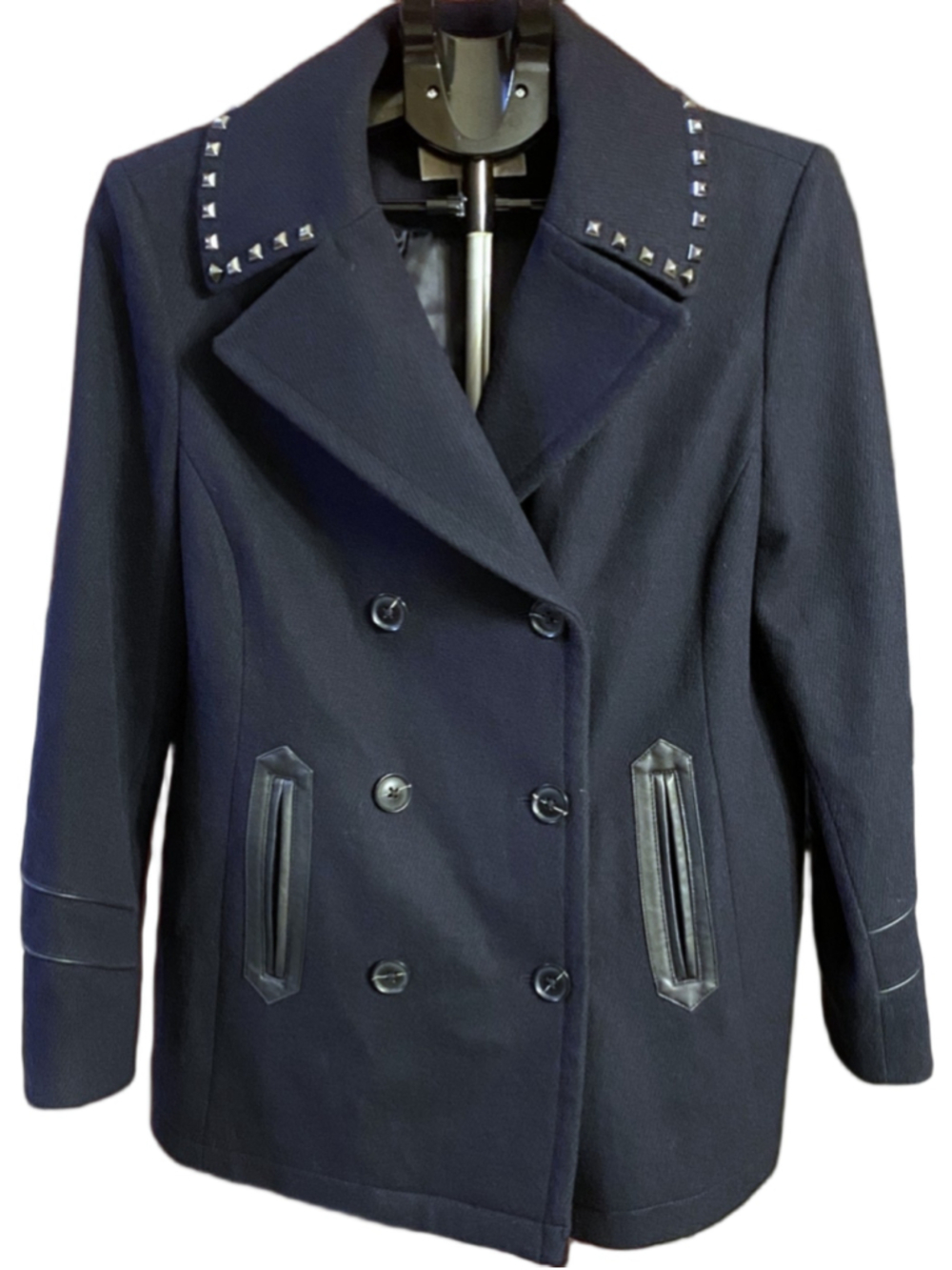 Michael Kors Womens 12 Navy Wool Blend Peacoat Studded Military Double Breasted